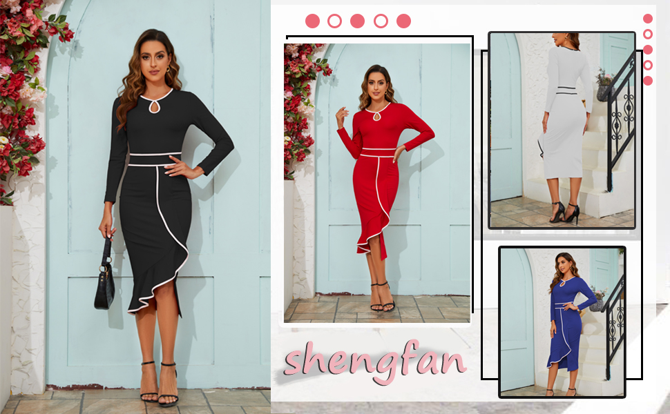 Church Dress for Women Bodycon Long Sleeve Wrap Ruched Business Work Pencil Split Sheath Midi Dress