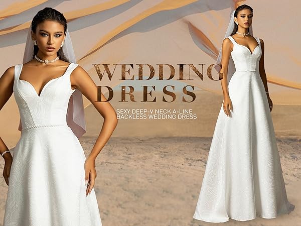 VIPGIRL Women’s Sexy Deep-V Neck A-Line Backless Maxi Wedding Dress