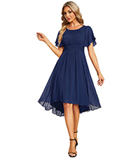 Women Crew Neck Pleated Waist Short Sleeve Wedding Guest Dress Chiffon Bridesmaid Dresses