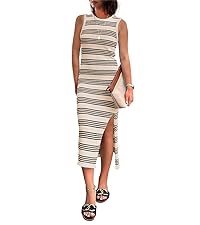 Knit Side Slit Striped Long Tank Dress