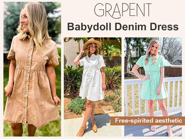 GRAPENT Denim Dress for Women Babydoll Tiered Short Sleeve Button Down Jean Shirt Dresses