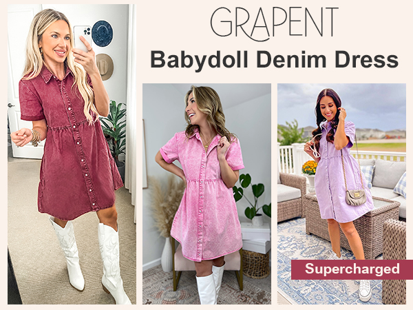 GRAPENT Denim Dress for Women Babydoll Tiered Short Sleeve Button Down Jean Shirt Dresses