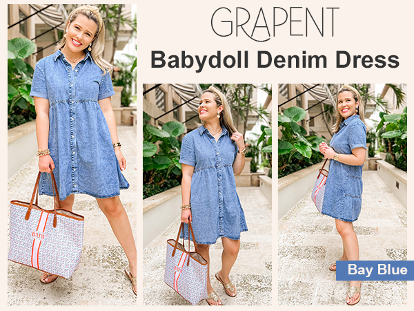 GRAPENT Denim Dress for Women Babydoll Tiered Short Sleeve Button Down Jean Shirt Dresses