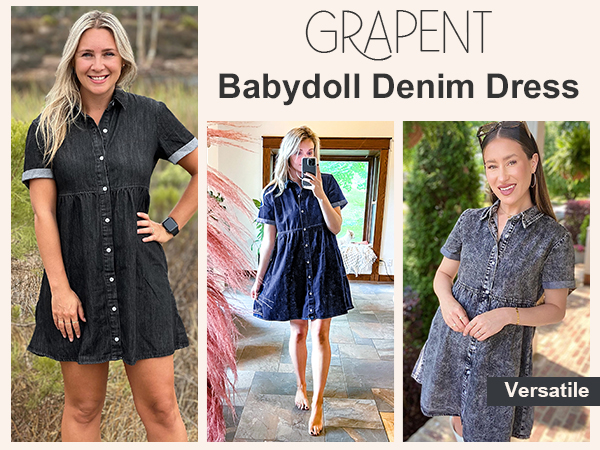 GRAPENT Denim Dress for Women Babydoll Tiered Short Sleeve Button Down Jean Shirt Dresses