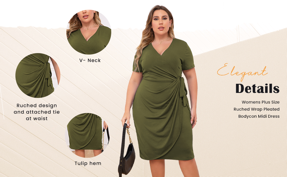 Nemidor Womens Plus Size Ruched Wrap Dress Pleated Bodycon Midi Casual Party Work Dress (1)