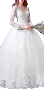 Natural V Neck Long Sleeves Ball Gown Satin a line Wedding Dress