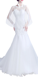 Square Straps Sleeved Satin Tulle Wedding Dress Beaded A-line Gown