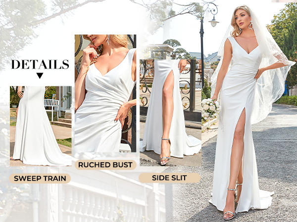 Ever-Pretty Women''s V-Neck Bodycon Side Slit Long Wedding Dresses for Bride White