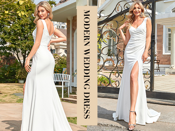 Ever-Pretty Women''s V-Neck Bodycon Side Slit Long Wedding Dresses for Bride White