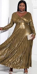 Women''s Luxury Metallic V Neck Long Sleeve Elegant Pleated Maxi Dress