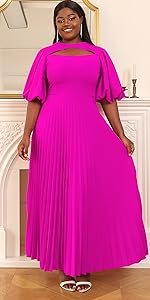 Women''s Cut Out Short Lantern Sleeve Pleated A-Line Maxi Dress