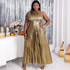 Women&#39;s Luxury Metallic One Shoulder Sleeveless Elegant Pleated Long Dress