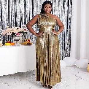 Women''s Luxury Metallic One Shoulder Sleeveless Elegant Pleated Long Dress