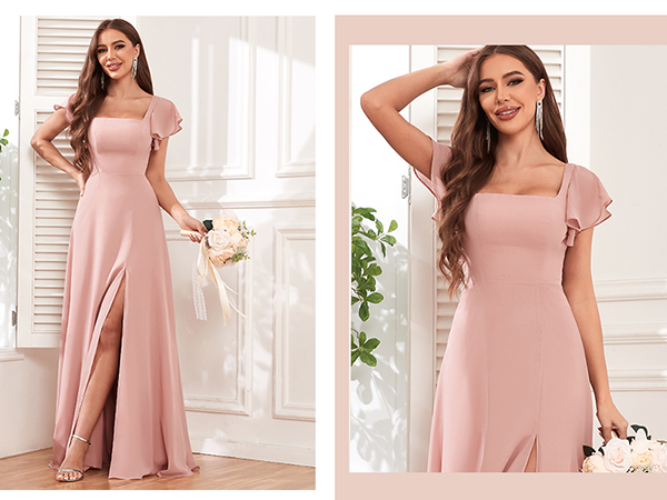 Square neck a line chiffon long bridesmaid dresses with slit