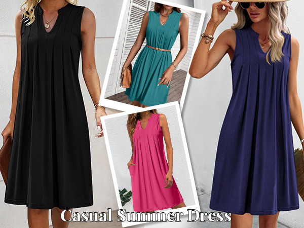 women loose a line dress v neck pleated dress women summer shift dress sleeveless t-shirts dress 