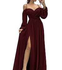 Pleated Long Sleeve Maxi Dress for Women Chiffon Flowy Wedding Guest Dress Sweetheart with Pockets