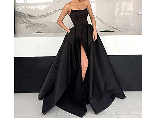 Womens Long Strapless Satin Prom Dress Sleeveless Slit Evening Ball Gown with Pockets