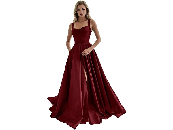 Satin Long Women Formal Dresses High Front Slit Prom Dresses with Pockets Evening Ball Gown