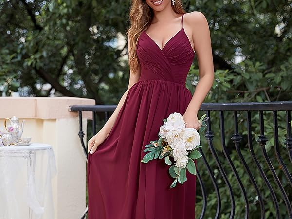 V Neck Burgundy Bridesmaid Dreses for Women 2024 Spaghetti Strap A Line Formal Wedding Gown