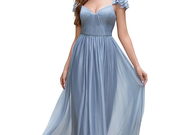 Cap Sleeve Bridesmaid Dresses for Women Long V Neck Ruffled Glittery Long Formal Evening Dress