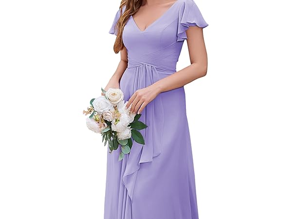 Ruffle Sleeve Slit Bridesmaid Dresses Long A Line V Neck Chiffon Pleated Formal Evening Dress