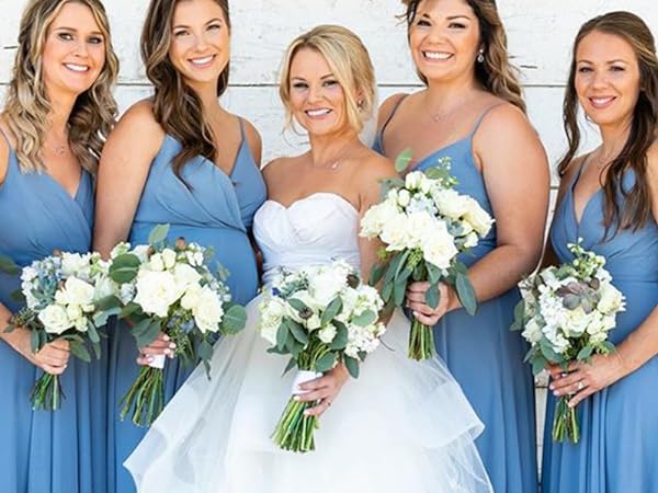 Dusty Blue Bridesmaid Dresses for Women 2024 Spaghetti Straps A Line V Neck Wedding Party Gown