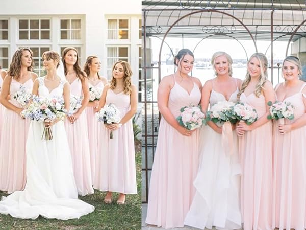 Blush Pink Bridesmaid Dresses Long for Women V Neck A-Line Chiffon Formal Party Dress with Pockets