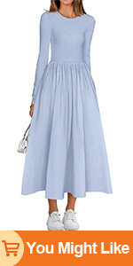 Womens Elegant Long Sleeve Round Neck Ribbed A-Line Flowy Maxi Dress with Pockets