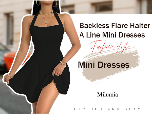 Milumia Women''s Backless Flare Halter Short Dress Sleeveless A Line Mini Dresses