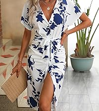 Milumia Women&amp;#39;s Printed Button Up Belted Midi Dress Wrap Short Sleeve Collar Shirt Dresses