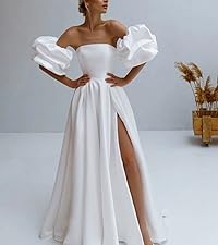 Satin Wedding Dresses with Slit for Bride Detachable Puffy Sleeves Prom Dresses for Women