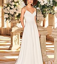 Satin Wedding Gowns for Bride with Pockets Long Backless Prom Dresses for Women 