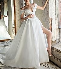 Off Shoulder Wedding Dresses for Bride Ball Gown V-Neck Slit Pleated Satin Prom Dresses for Women   