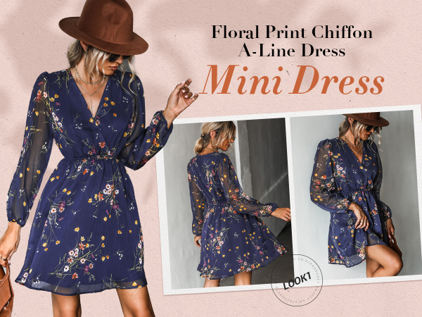 floral mini dress sheer long sleeve chiffon v neck elasticized waist short summer dress