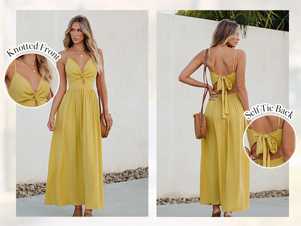 yellow v neck maxi dress cutout self tie back long dress summer