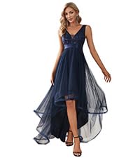 Women''s V-Neck Sleeveless Appliques High Low Evening Party Dress