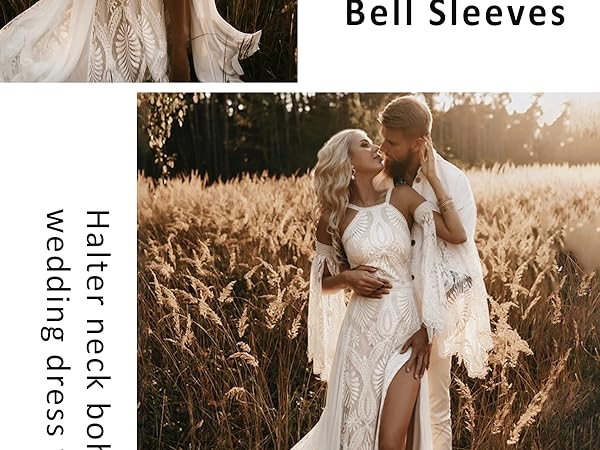 bell sleeves wedding dress for brides