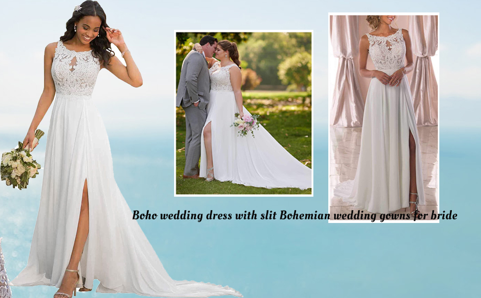 boho wedding dress for bride sleeveless lace chiffon bridal wedding gowns with slit