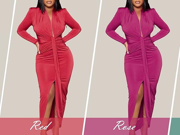 Sexy Deep V Neck Dress Long Sleeve Front Split Ruched Elegant Party Maxi Dress 