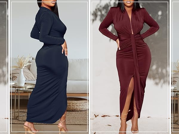 Sexy Deep V Neck Dress Long Sleeve Front Split Ruched Elegant Party Maxi Dress 