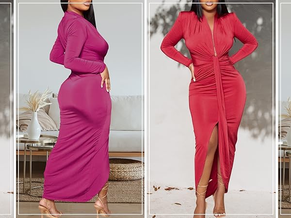 Sexy Deep V Neck Dress Long Sleeve Front Split Ruched Elegant Party Maxi Dress 