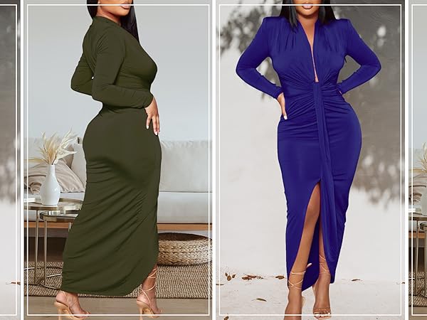 Sexy Deep V Neck Dress Long Sleeve Front Split Ruched Elegant Party Maxi Dress 