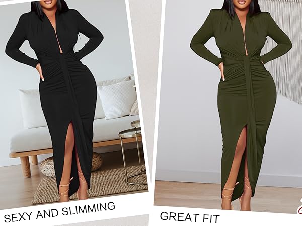 Women''s Sexy Deep V Neck Dress Long Sleeve Front Split Ruched Elegant Party Maxi Dress