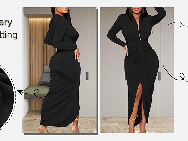 Women''s Long Sleeve Dresses V Neck Front Ruched Cocktail Evening Dress with Slit