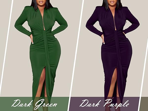 Sexy Deep V Neck Dress Long Sleeve Front Split Ruched Elegant Party Maxi Dress 