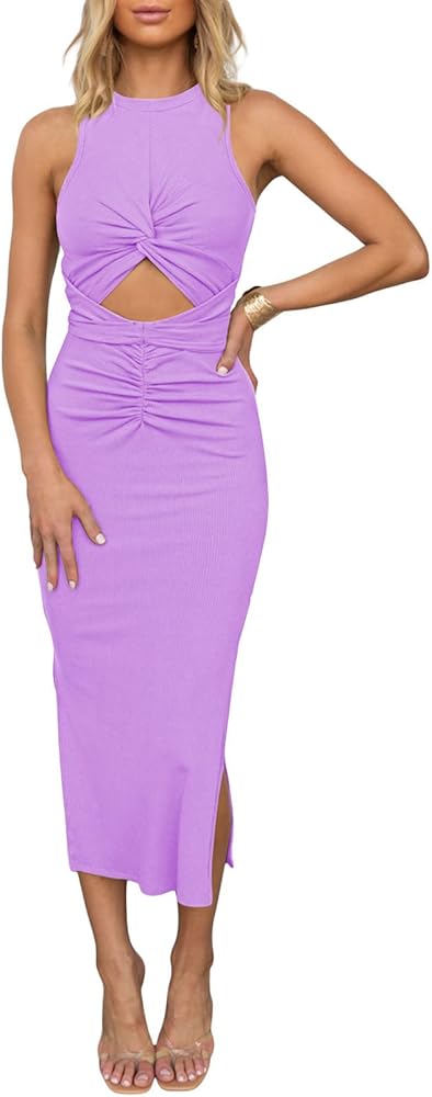 HUUSA Women's Sexy Sleeveless Cut Out Slim Bodycon Dress Crewneck Crisscross Twist Ruched Slit Ribbed Knit Tank Midi Dress