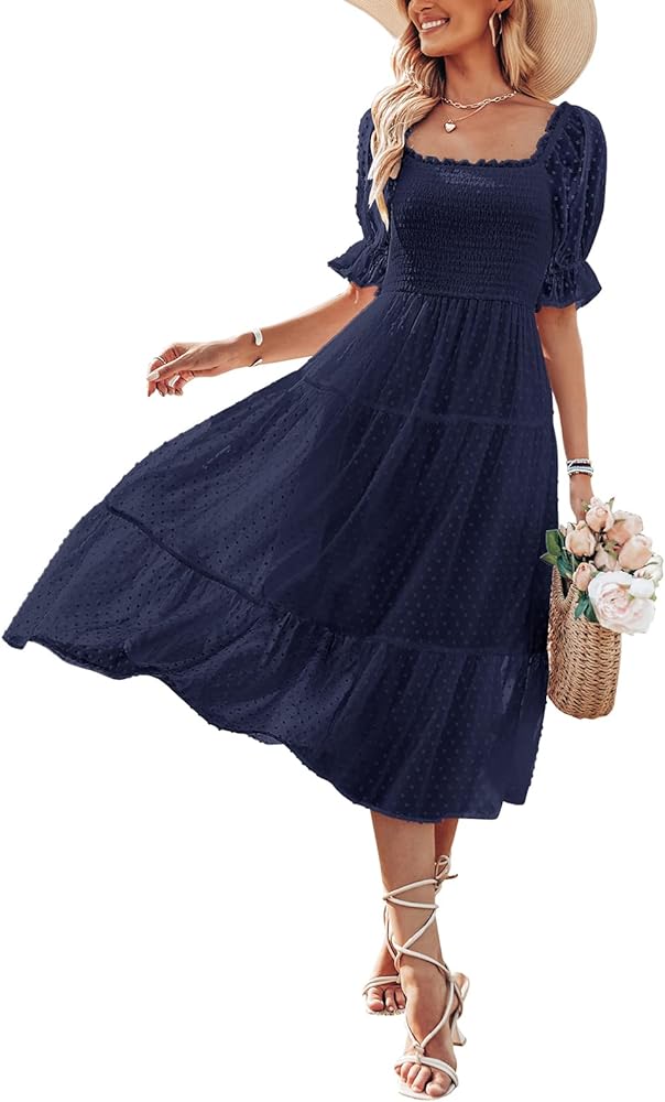 MEROKEETY Women's 2024 Summer Square Neck Puff Sleeve Boho Midi Dress Swiss Dot Ruffle Flowy Tie Back Dress