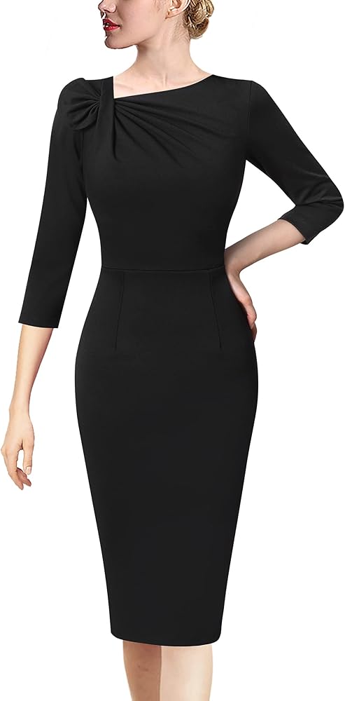 VFSHOW Womens Pleated Asymmetric Bow Neck Work Business Office Cocktail Party Pencil Sheath Dress