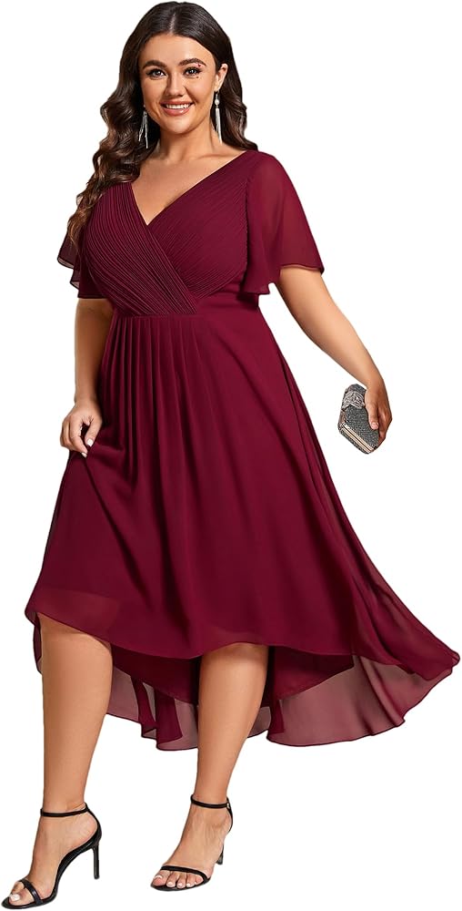 Ever-Pretty A Line Ruched V Neck Chiffon Short Sleeves Knee Length Plus Size Wedding Guest Dresses for Curvy Women 01923-DA