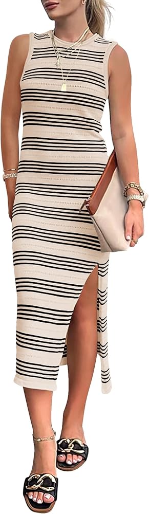 PRETTYGARDEN Women's Summer Bodycon Sundresses Casual Midi Sleeveless Hollow Out Knit Side Slit Striped Long Tank Dress